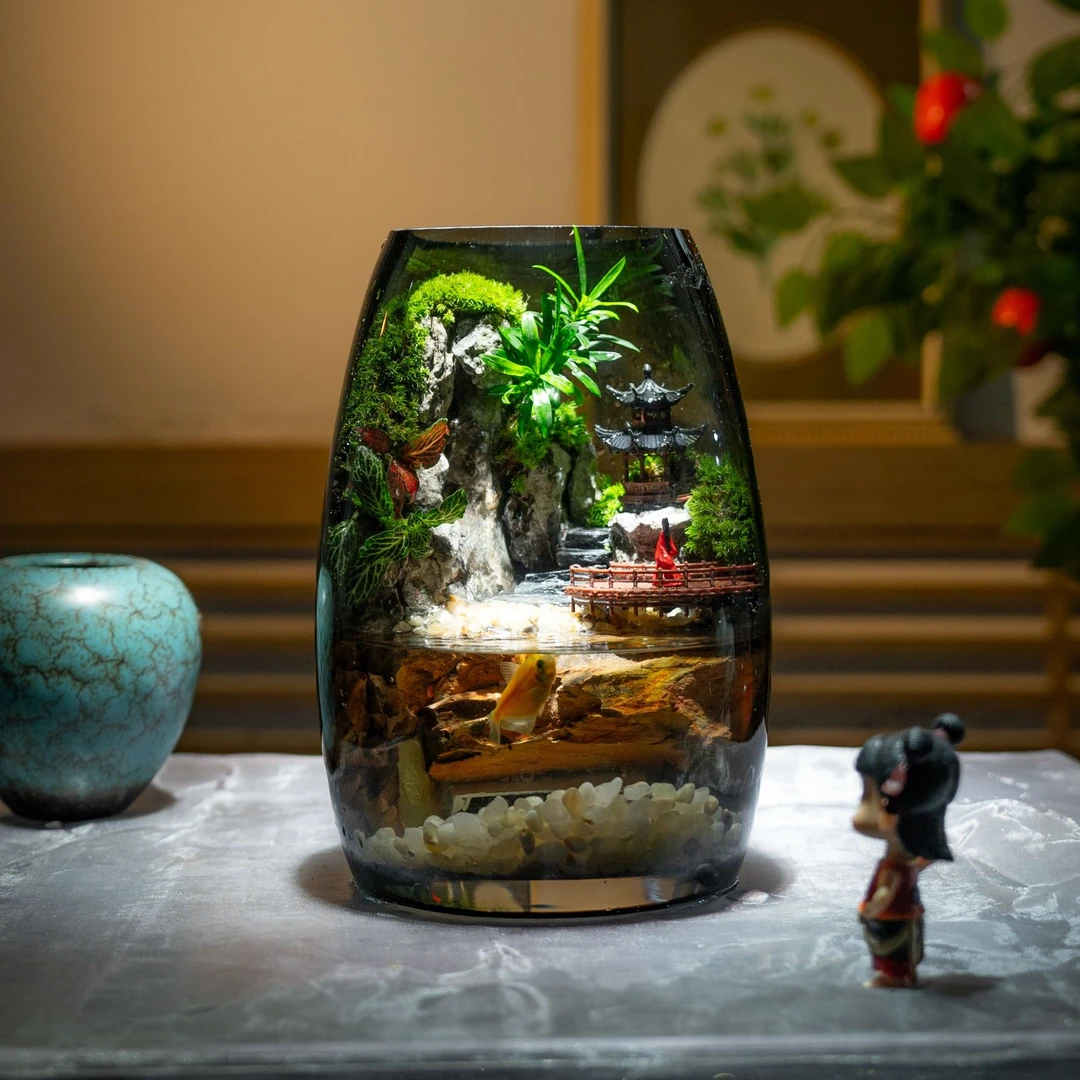 江南新品纯手工艺术苔藓桌面摆件带流水生态景观真绿植真石头工艺