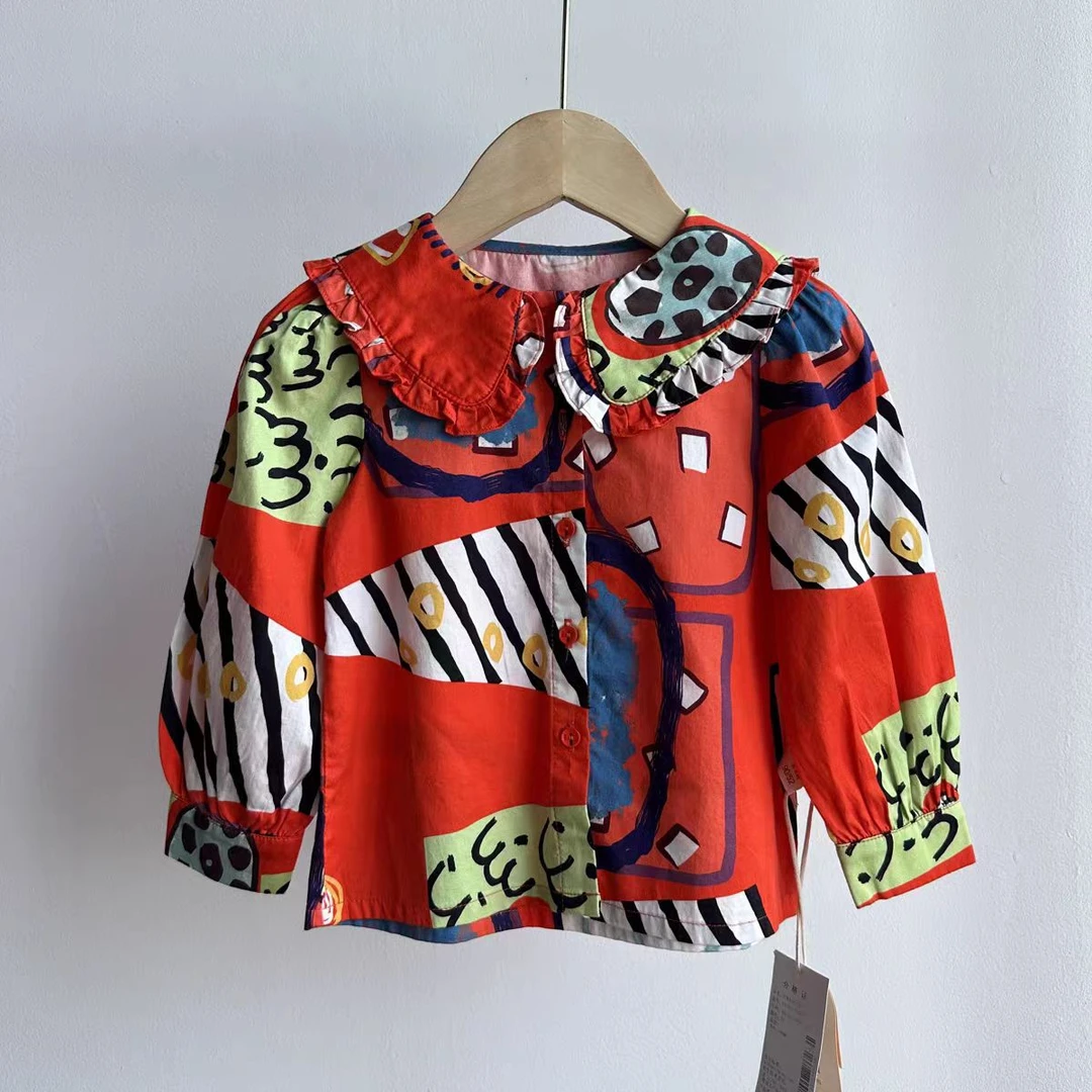 B02春秋款长袖满印可爱娃娃领衬衫