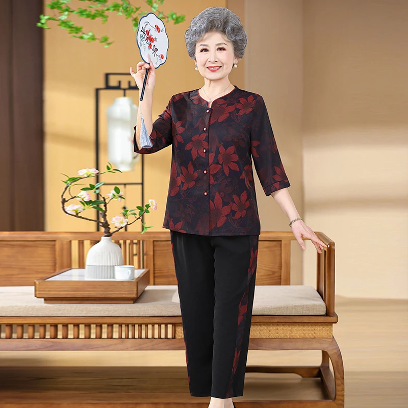 老年人夏装女奶奶装套装T恤老太太短袖70岁老人衣服妈妈宽松休闲