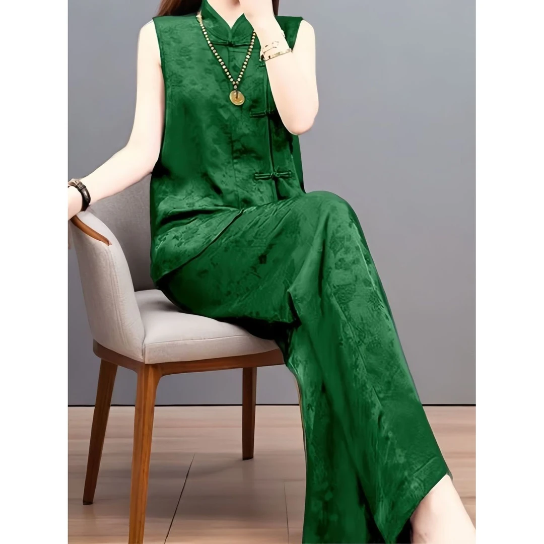 2025夏季新款阔腿裤气质女装中国风新中式绿色马甲背心长裤套装