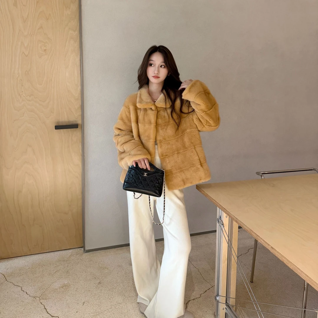 【菲菲】紫标天鹅绒海宁水貂整貂横排立领皮草外套秋冬新款貂皮大衣