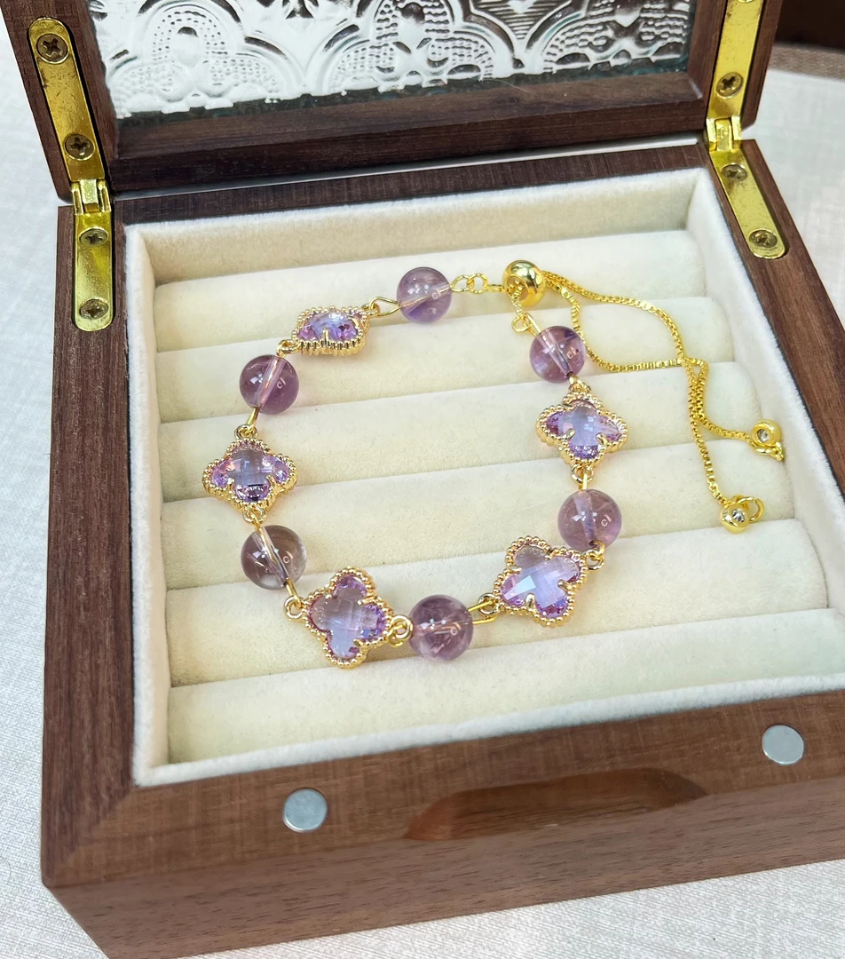 紫金四叶花天然水晶手串【拾酒VINTAGE】原创小众设计