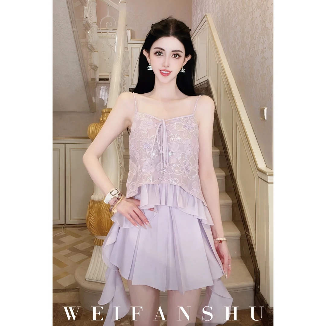 WEIFANSHU/魏凡舒【紫藤织花】夏季新款法式减龄荷叶边吊带裙裤套装