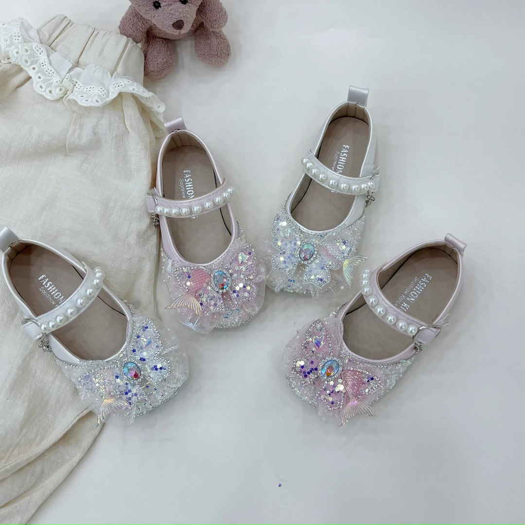 女童灵动蝴蝶结小皮鞋春秋新款软底亮片艾莎公主单鞋6190