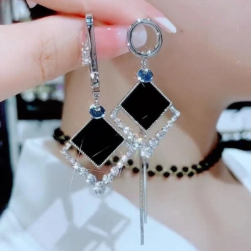 925银耳饰 防过敏几何菱形镶钻耳环女不对称流苏款式高级感百搭耳
