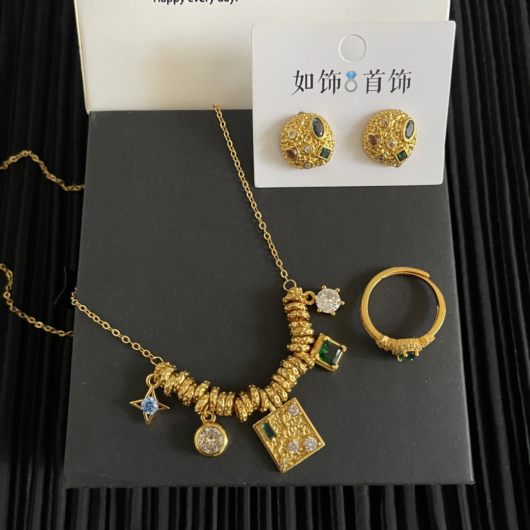 铜合金项链 如饰 古法流苏三件套首饰时尚欧美小众绿色