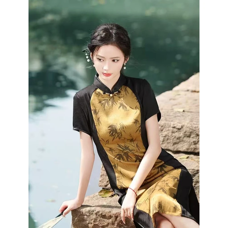 0207 黑色 姜黄拼接 竹叶 【姜竹】  旗袍