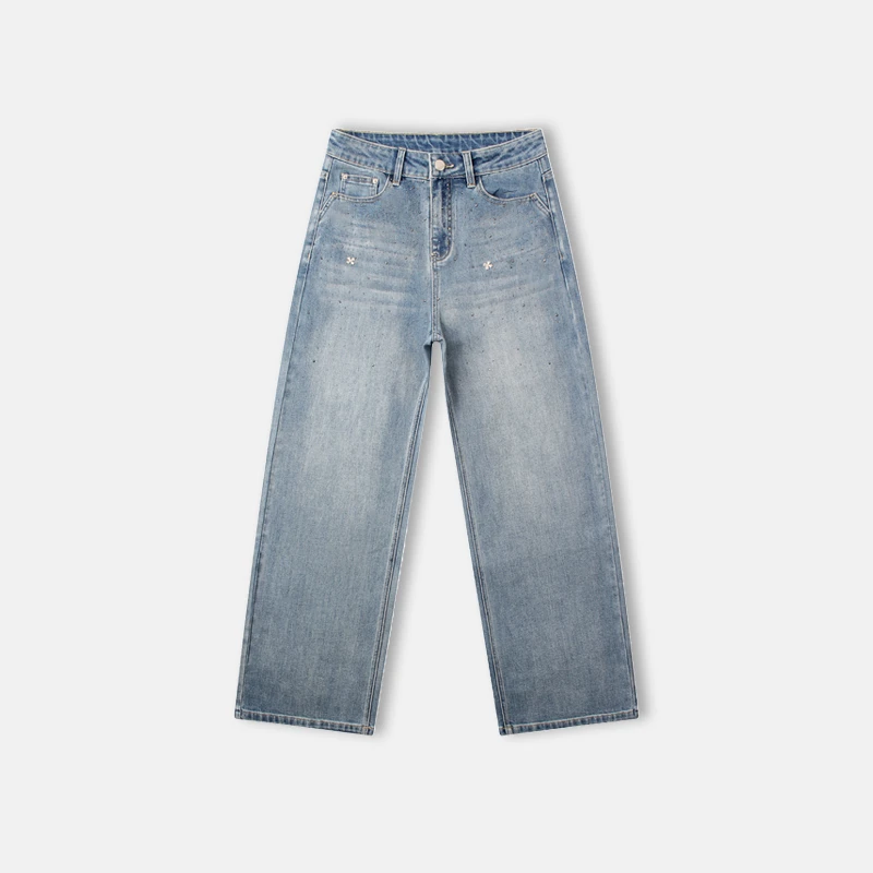 “十字烫钻”潮流闪亮烫钻阔腿牛仔裤A1950