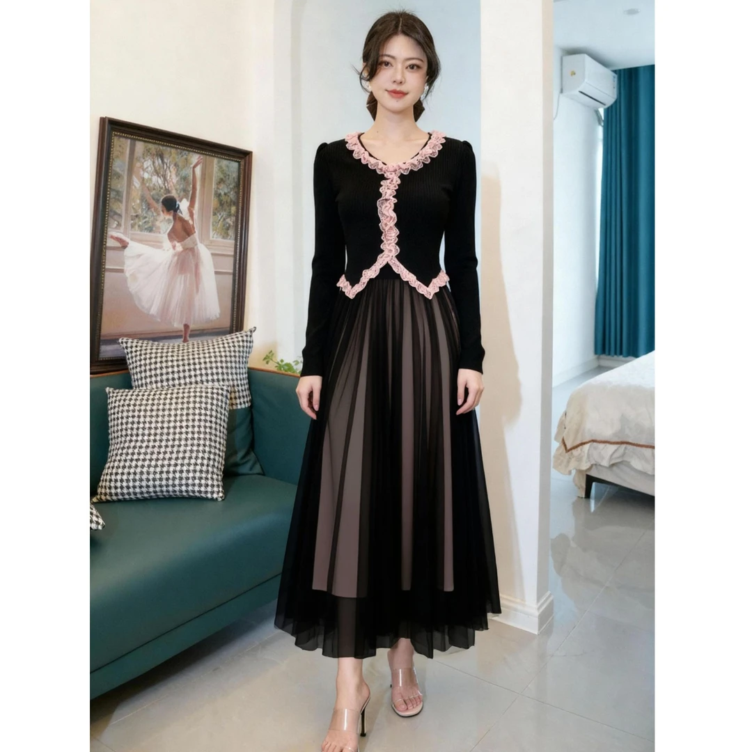 连衣裙法式春秋显瘦小黑裙时尚秋冬晚礼服拼接法式