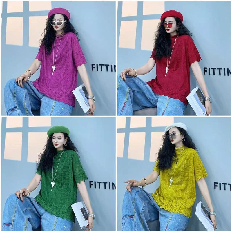 韩版半高领蕾丝T恤女2025新款时尚内搭修身打底衫上衣t恤-25833