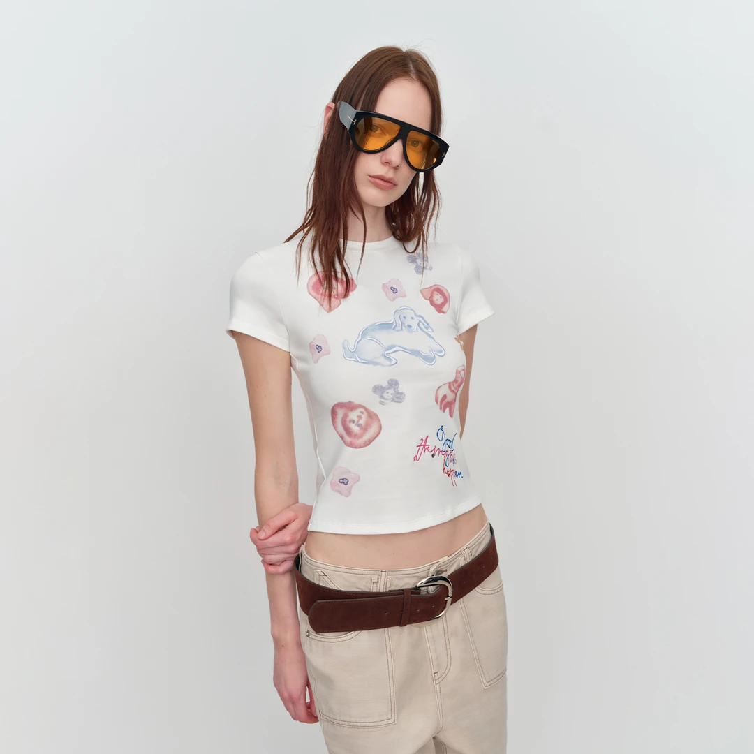 出逃赤岗西  立体刺绣设计 白色趣味动物印花修身短袖T恤