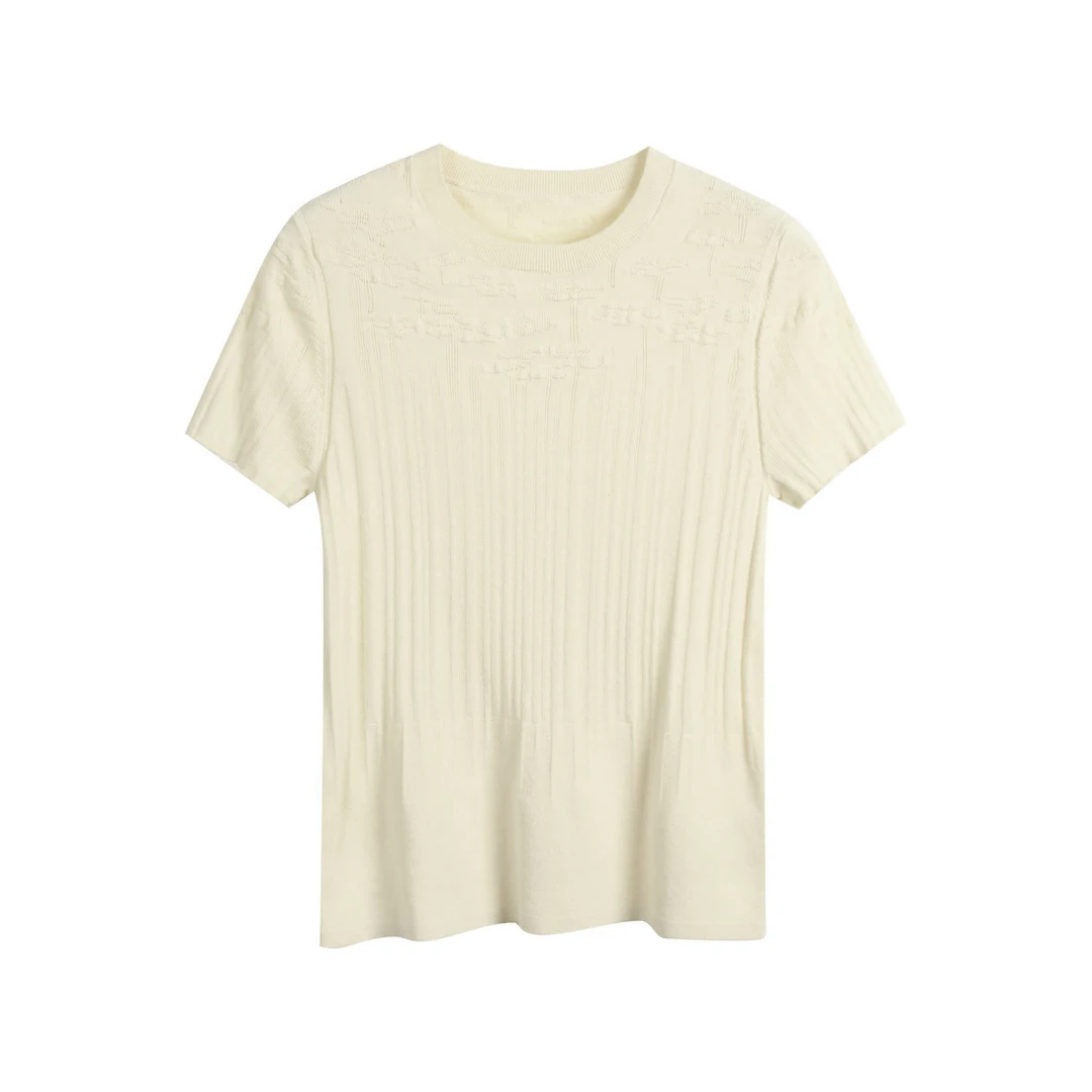 30602【ER订单】圆领翻花修身针织短袖女25年夏新品花束图案T恤0223