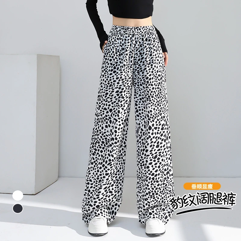 jss5284灰豹纹印花宽松直筒休闲裤2025秋冬松紧腰设计感阔腿长裤