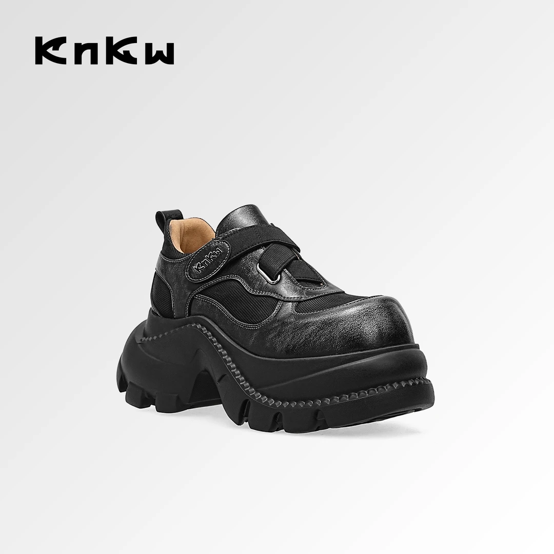 KNKW擦色增高魔术贴老爹小皮鞋2026年织物时尚浅口乐福鞋W4338088