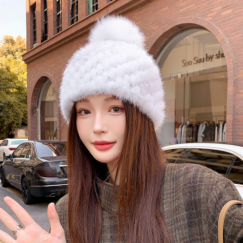 【水貂菠萝帽】真水貂毛编织包头帽 加厚护耳狐狸毛球