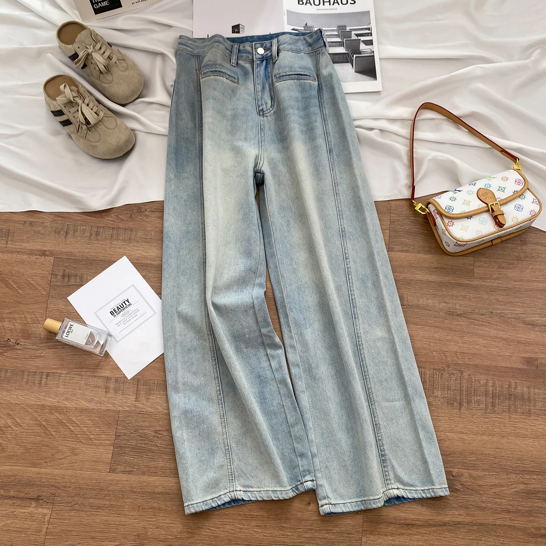 浅蓝色阔腿牛仔裤女2025年秋季薄款高腰宽松显瘦复古直筒拖地裤子