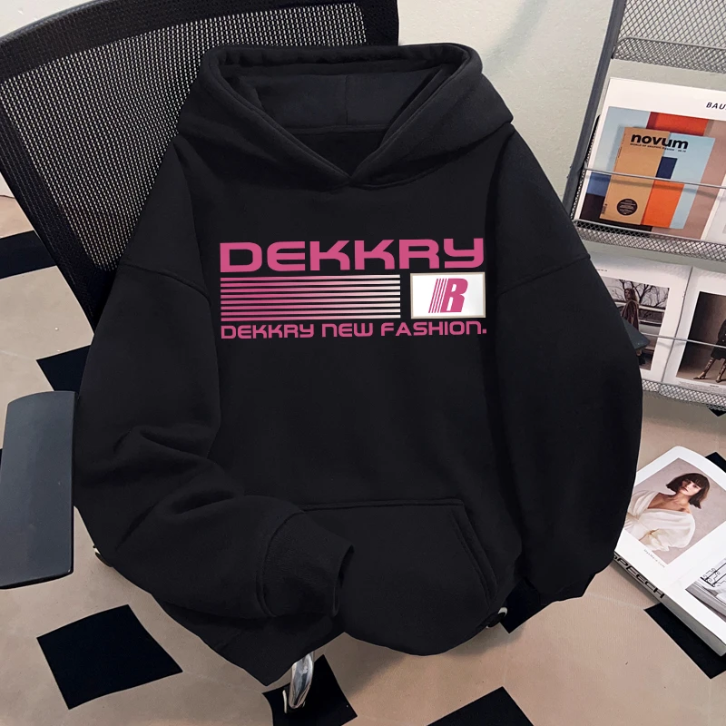 Dekkry潮牌高街黑色连帽卫衣男女秋冬创意字母印花情侣装套头上衣