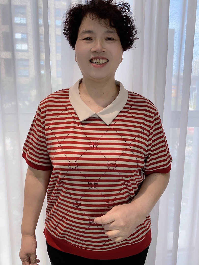 常规款气质条纹翻领中老年大码宽松时尚百搭休闲夏季妈妈装8810