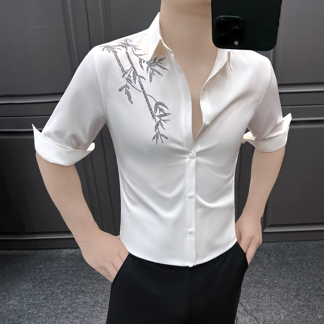 烫钻花衬衫男款爆款2025新款网红洋气炸街男装七分袖国风冰丝衬衣