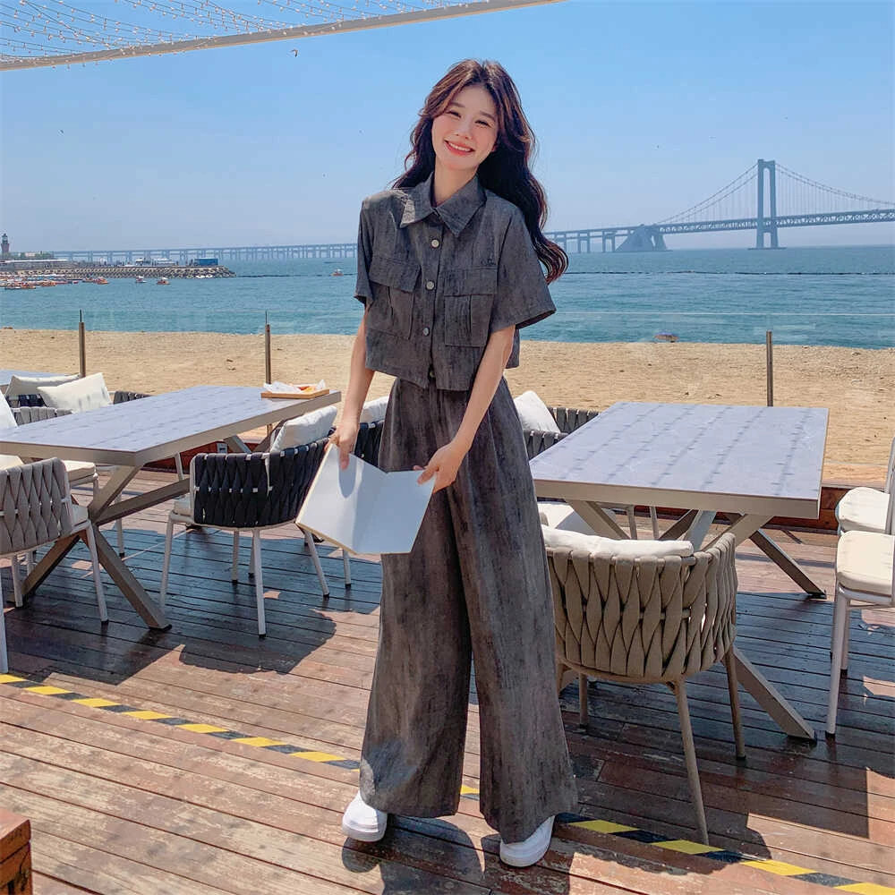 高级感盐系扎染薄款西装套装女夏阔腿裤两件套洋气时尚小众设计感