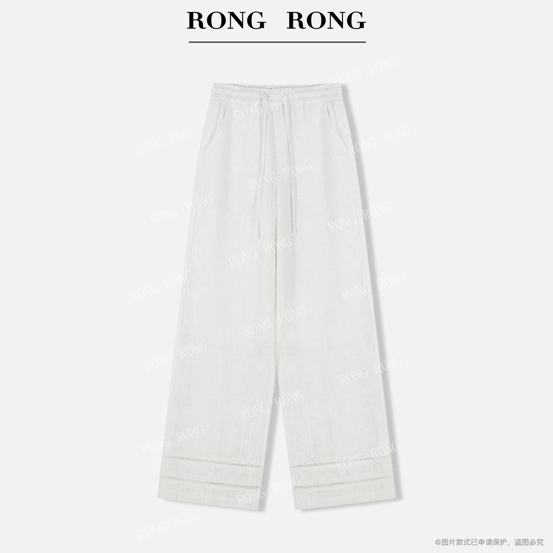 溶溶【织梦白茶】RONGRONG 100棉提花拼接镂空花边直筒休闲裤RR5599