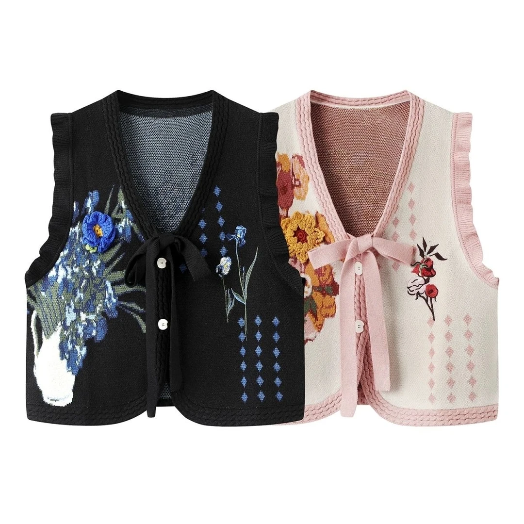 慵懒风森系蝴蝶结系无袖毛衣女春秋外搭宽松减龄针织马甲背心开衫