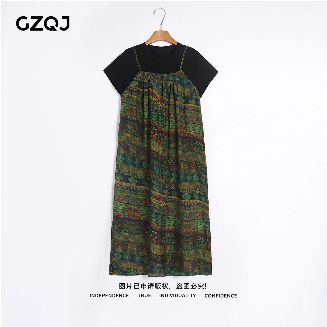 广州琴姐【蕉窗夜雨】欧若风假两件短袖T恤吊带碎花连衣裙女夏95164