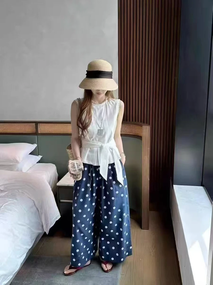 圆领系带收腰背心衬衫+直筒阔腿裤两件套女2025夏季新款套装-501