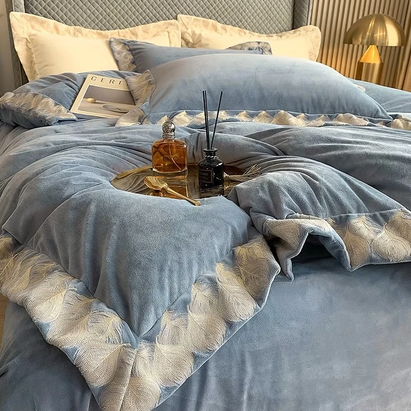 秋冬双面绒加厚240g牛奶绒四件套欧式羽毛刺绣被套保暖床单1.8m床