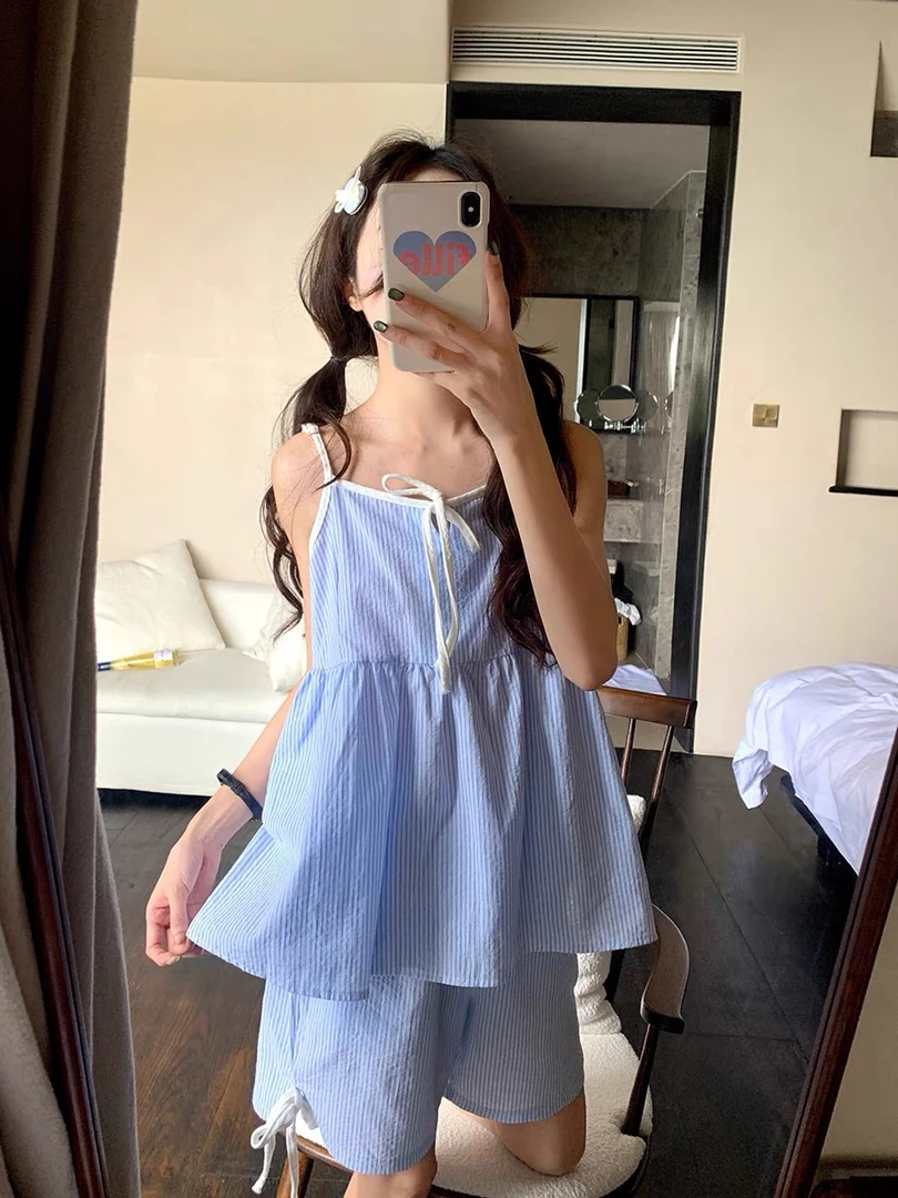 【仲夏舞曲】 夏季新款睡衣女吊带短袖撞色条纹薄款家居服套装学生