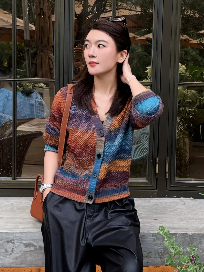 曼辰manchenh"彩色星夜"进口段染圈圈羊毛纱渐变针织开衫