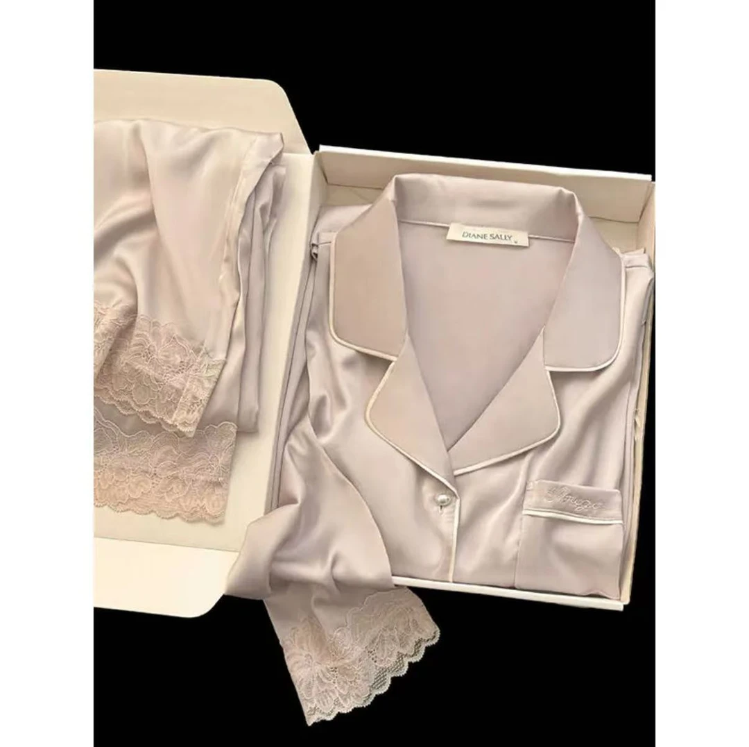 【紫霞仙子】长袖带胸垫纯色高级感蕾丝睡衣套装气质舒服家居服