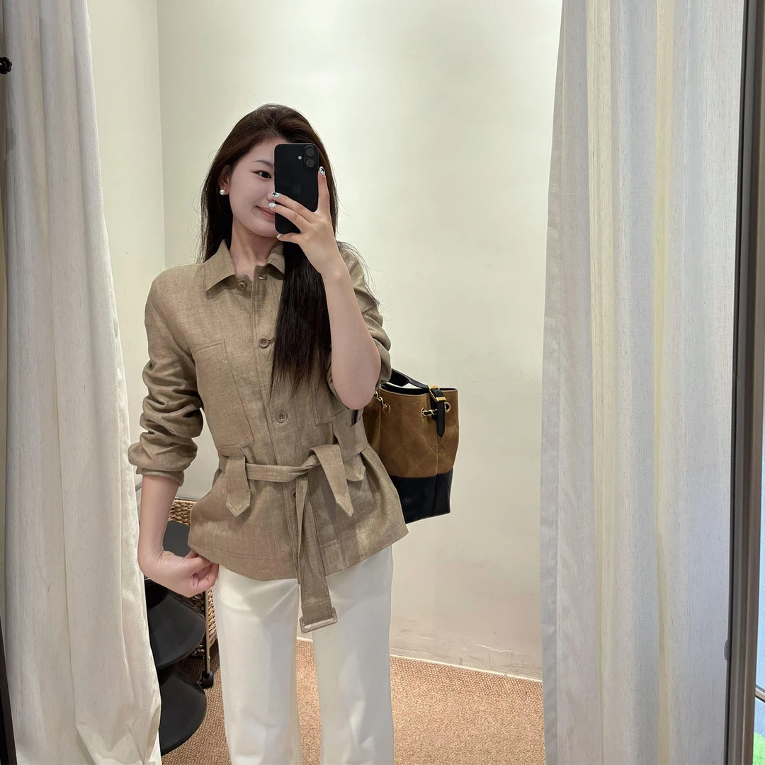 复古通勤风亚麻外套秋季时尚气质简约高级感V领收腰棉麻短夹克衫