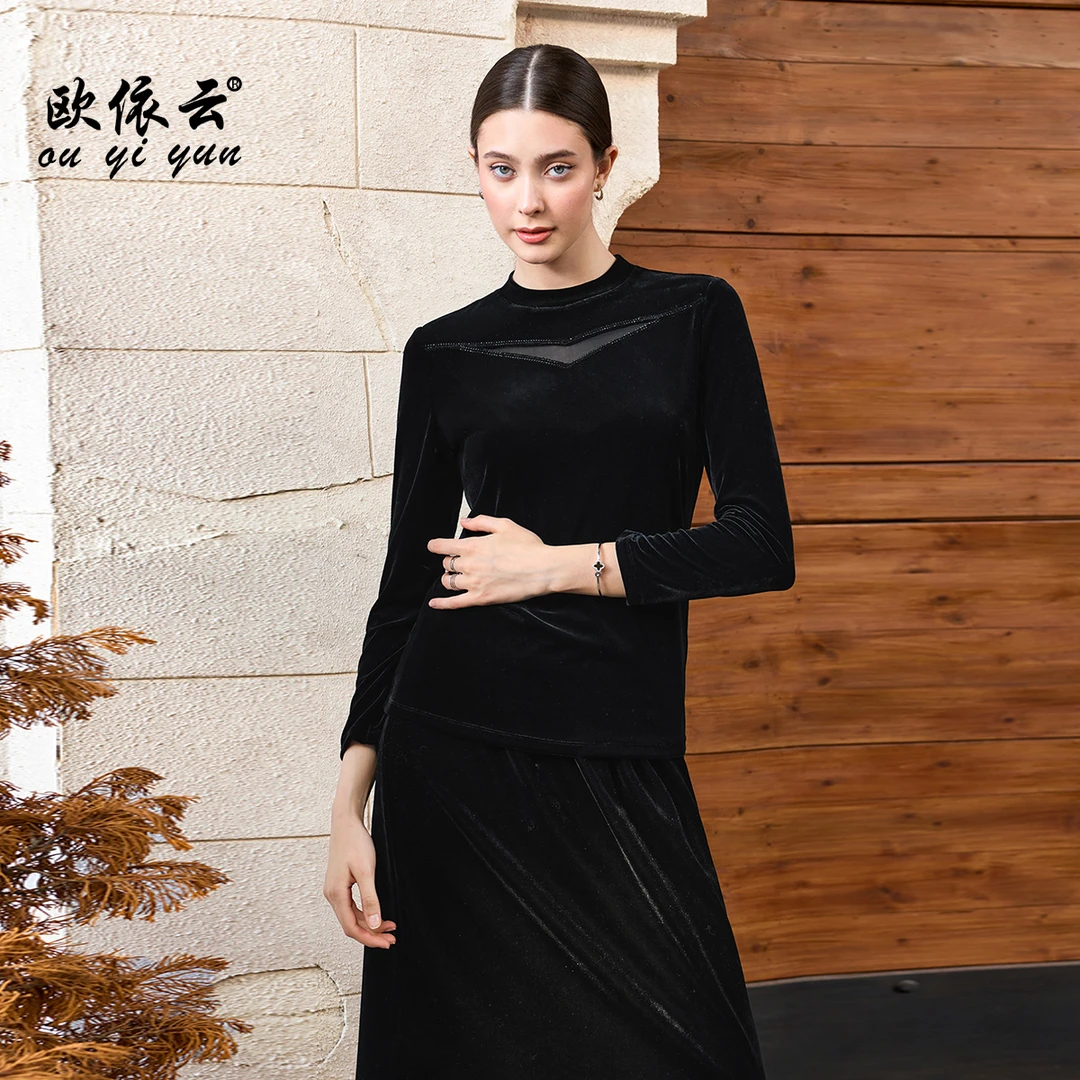 53651欧依云中年妈妈秋冬打底衫洋气显瘦气质优雅丝绒上衣长袖