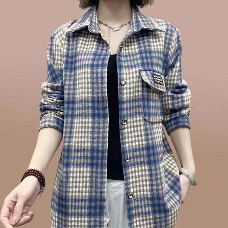 爆款格子衬衫女春秋装中老年妈妈装开衫薄外套休闲磨毛衬衣毛呢款