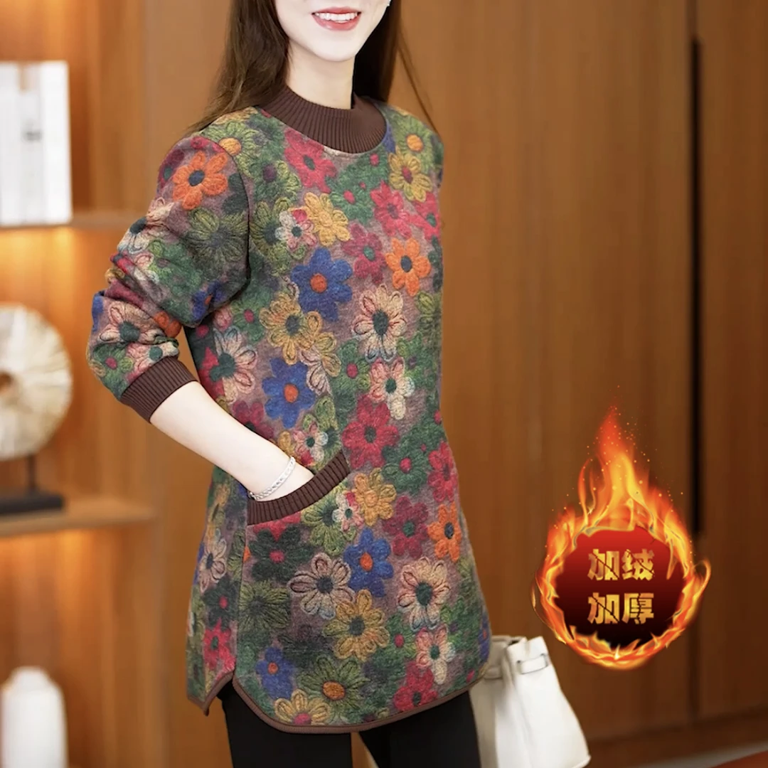 25年秋冬新款加绒加厚长袖T恤打底衫时尚洋气宽松大码女士保暖衣