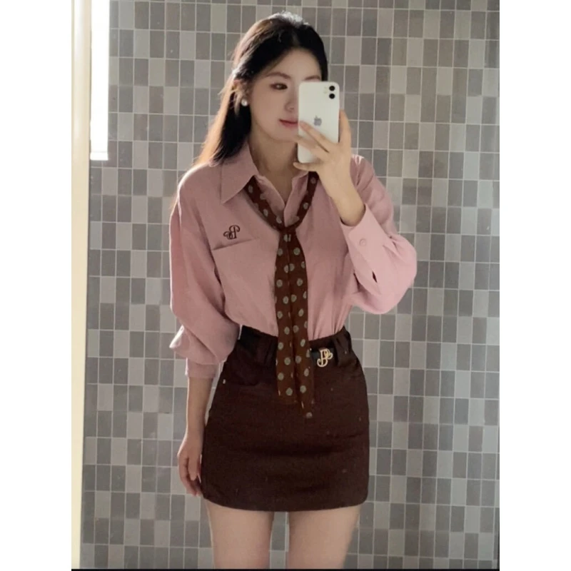 MARIE.COCO韩系学院风粉色衬衫女搭配包臀A字裙秋季新款时尚套装