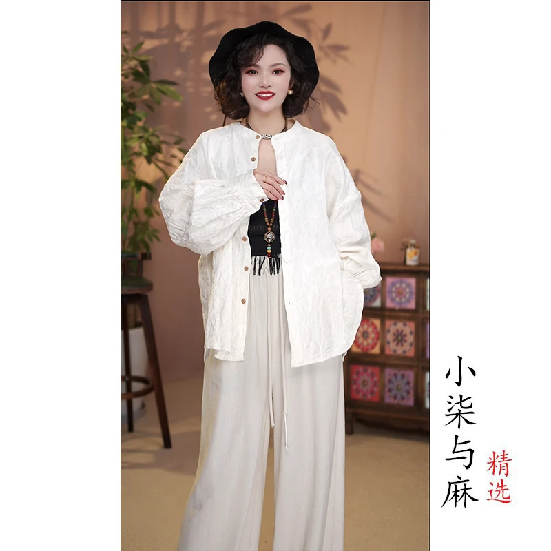 【小柒与麻】春秋季新款提花亚麻衬衫外套（衣长66-74胸围130）白色
