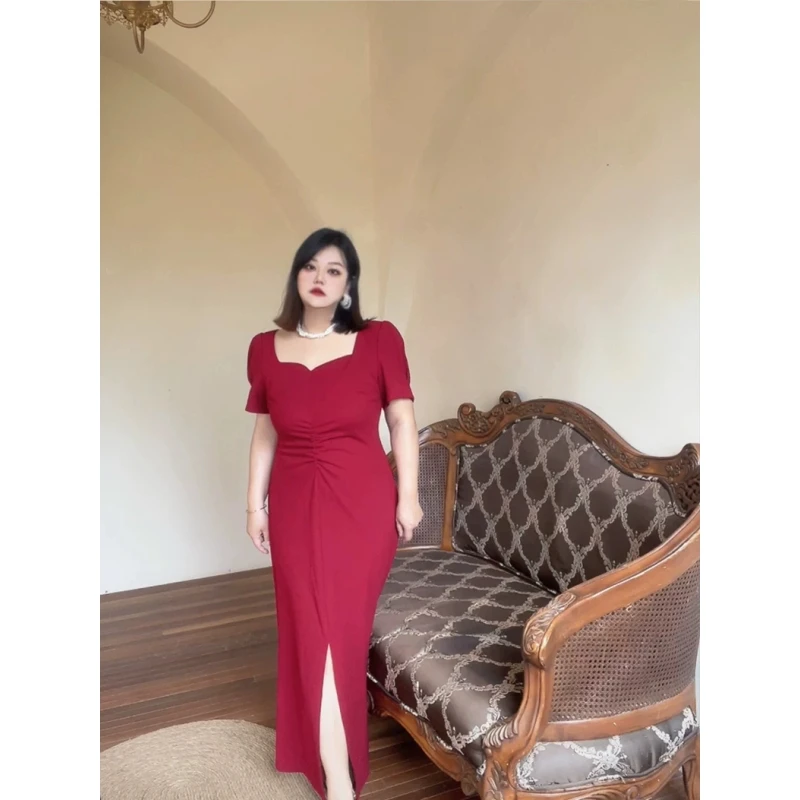 大码高级感气质女神范红色连衣裙胖MM敬酒订婚礼服长裙开叉鱼尾裙