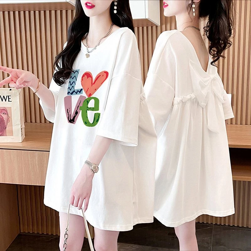 休闲百搭夏季纯棉露背短袖T恤女2025新款韩版中长款半袖体恤上衣