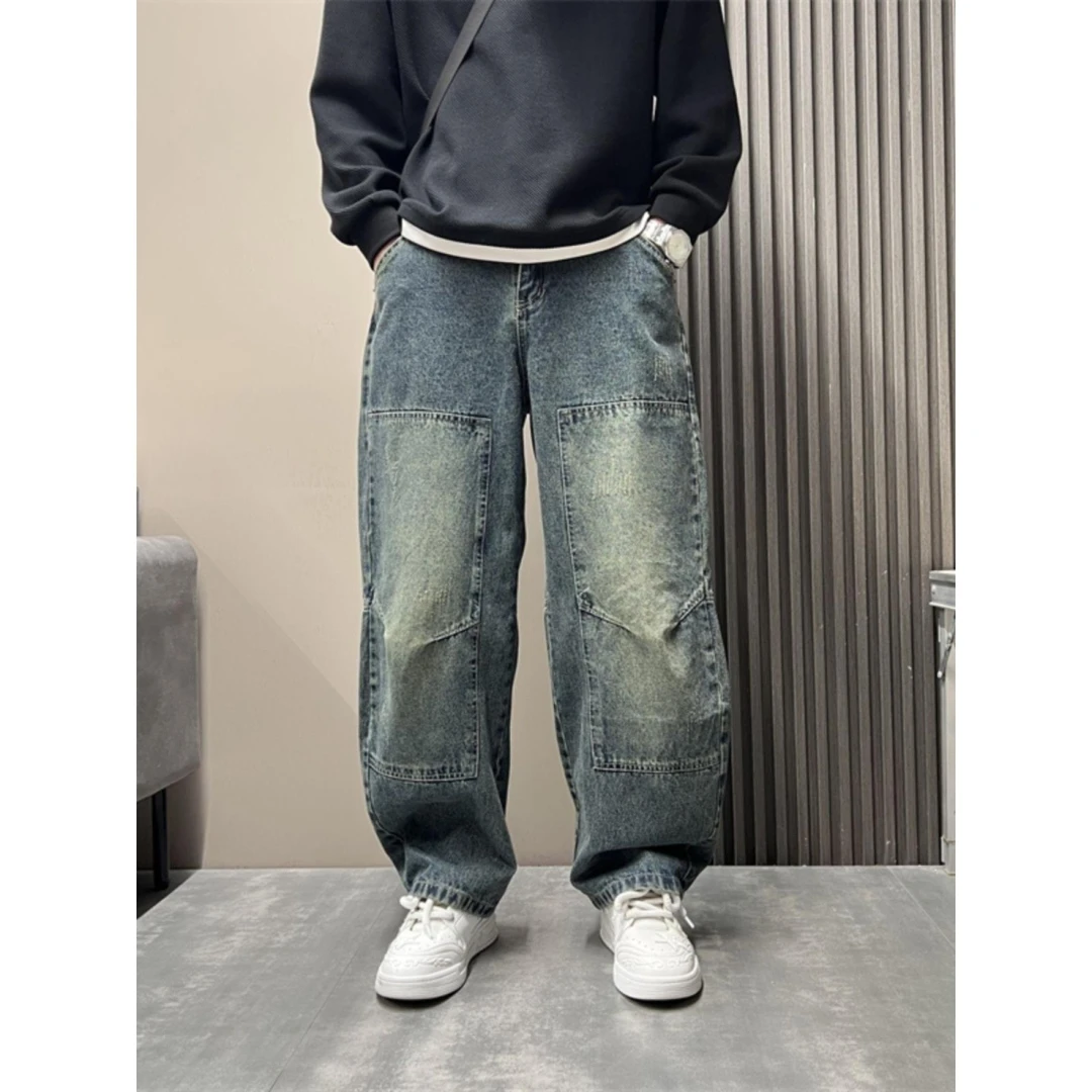 美式高街复古拼接做旧宽松垂感休闲水洗牛仔裤春季百搭直筒阔腿裤