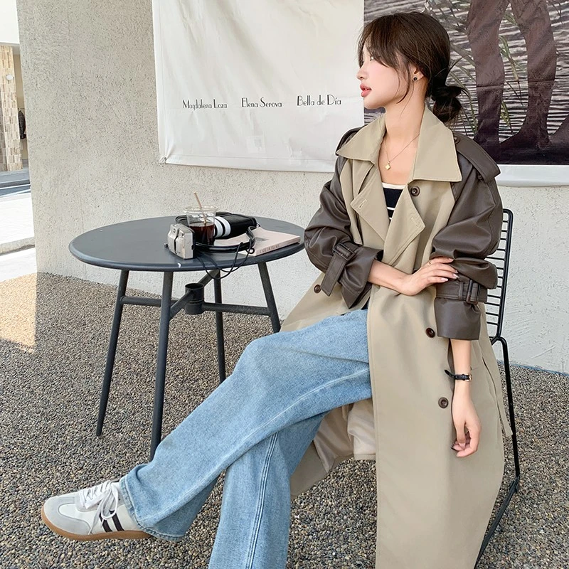 高级感PU皮拼接双排扣系带中长版风衣外套女2025春季宽松过膝大衣