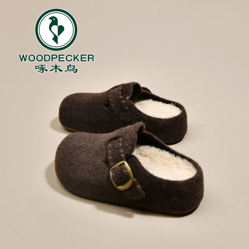 啄木鸟厚底灰色毛呢勃肯鞋女2025冬季新款加绒包头半拖鞋女棉拖鞋