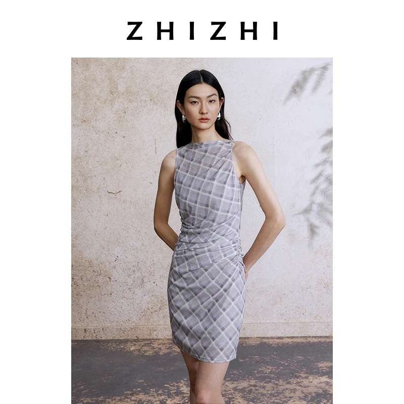 致知 创始人系列 花犯 格纹连衣裙2025年夏新款蛀虫纱ZZ2EMWL1086