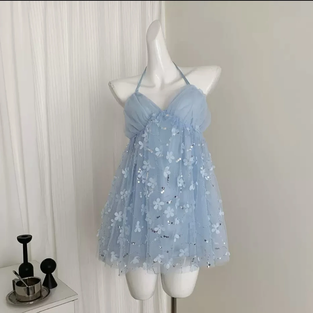 【早安丸丸】·蓝色物语立体花朵纯欲挂脖度假风露背连衣裙