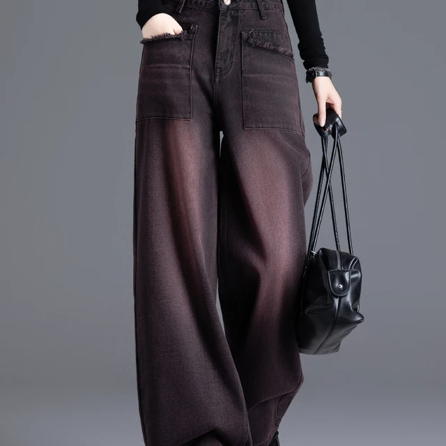 美式红黑色阔腿牛仔裤女2025新款秋季覆古高腰宽松巨好看直筒裤子