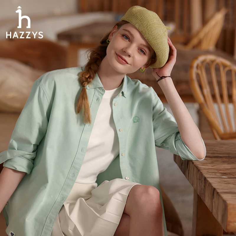 【PHIZ】Hazzys哈吉斯女士春季气质衬衫休闲翻领时尚纯色长袖衬衣