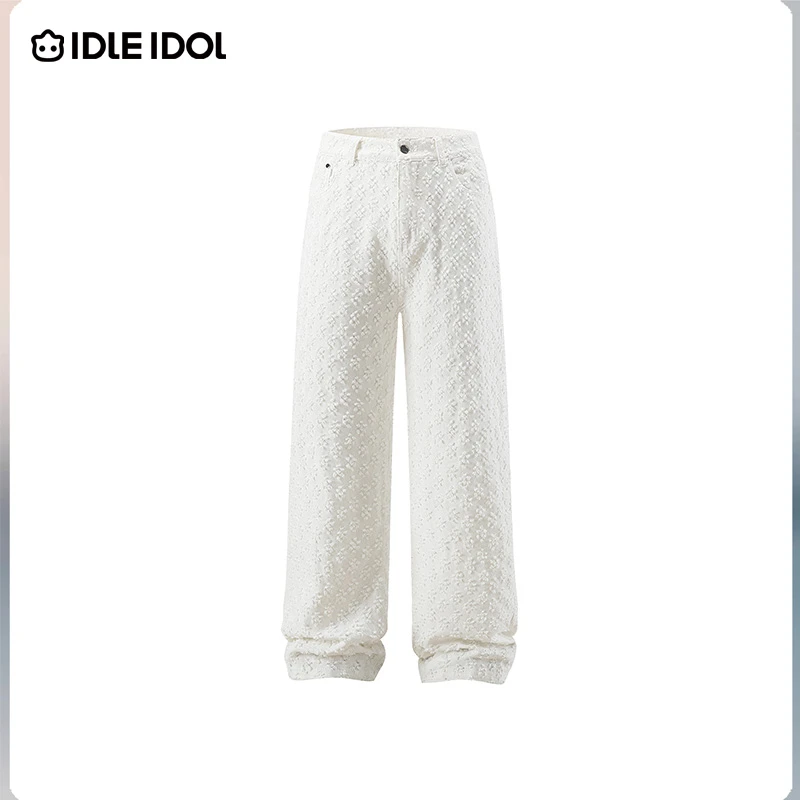 IDLE IDOL爆款时尚街头做旧水洗提花休闲美式潮流情侣款牛仔裤男