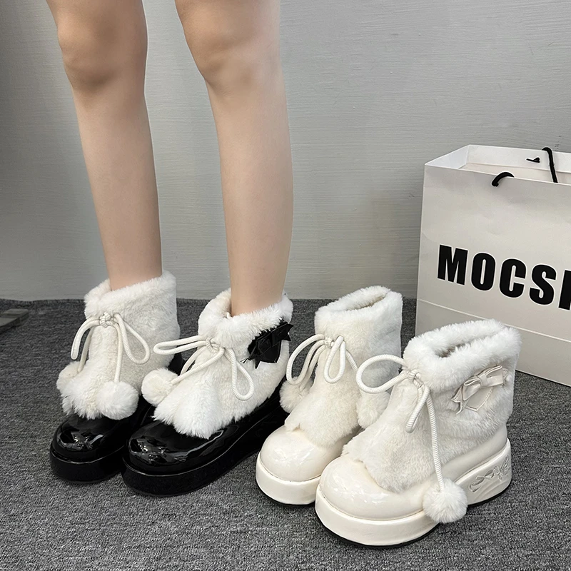 原创可爱lolita雪地靴女2025秋冬新款加绒保暖短靴厚底增高大棉鞋