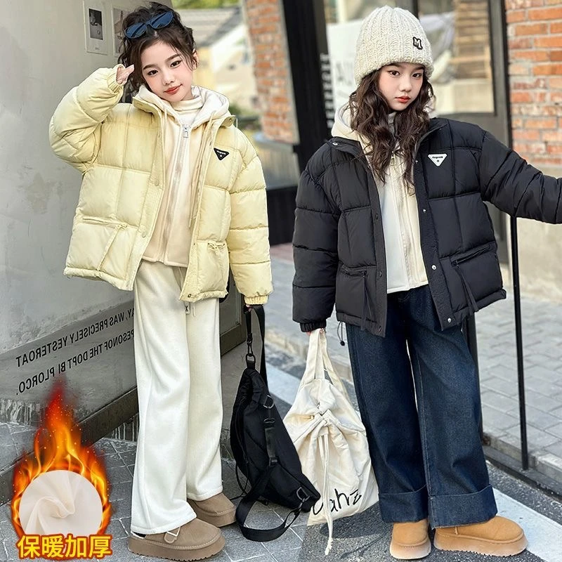 女童棉服冬季假两件2024新款连帽中大童加厚保暖冬装韩版棉衣外套